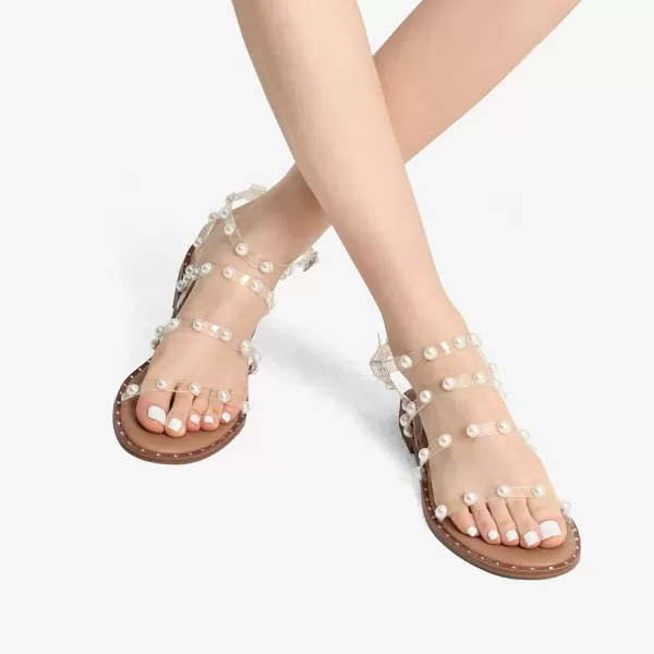 imageDREAM PAIRS Womens Clear Studded Pearl Gladiator Strappy Flat SandalsClearpearl