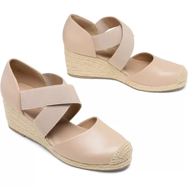imageDREAM PAIRS Womens Close Toe Espadrilles Platform Slip on Elastic Criss Cross Straps Dressy Wedges SandalsNude