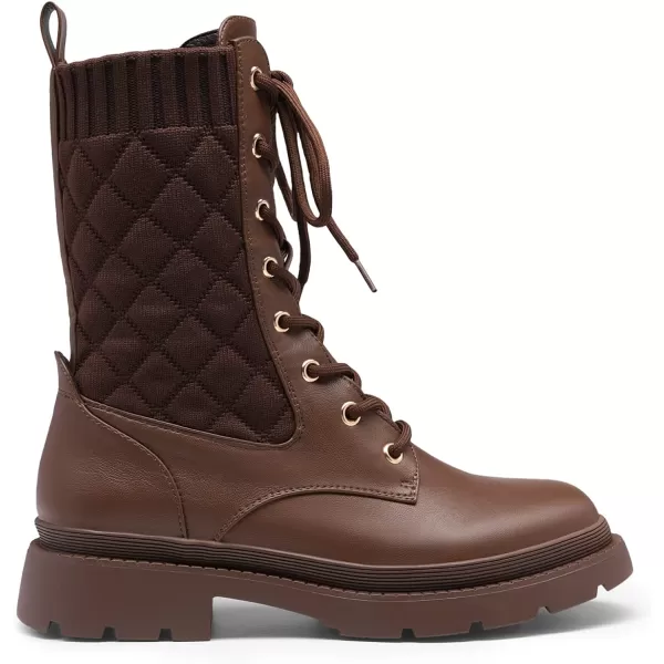 imageDREAM PAIRS Womens Combat Boots Lace Up Leather Ankle Booties Lug SolePlatform Mid Calf BootsBrown