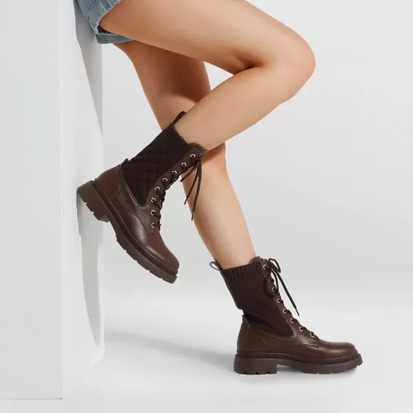 imageDREAM PAIRS Womens Combat Boots Lace Up Leather Ankle Booties Lug SolePlatform Mid Calf BootsBrown