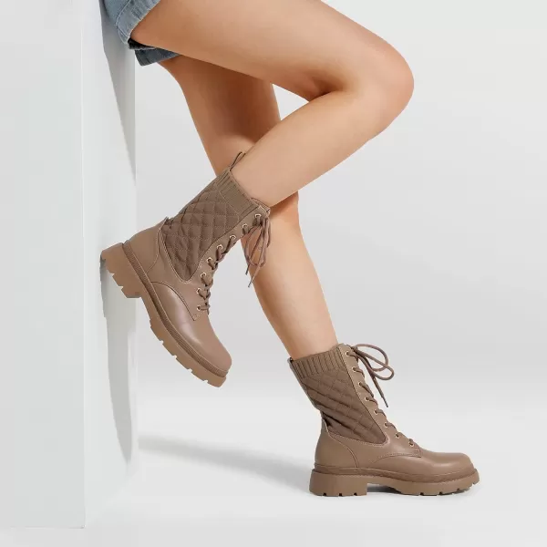 imageDREAM PAIRS Womens Combat Boots Lace Up Leather Ankle Booties Lug SolePlatform Mid Calf BootsKhaki