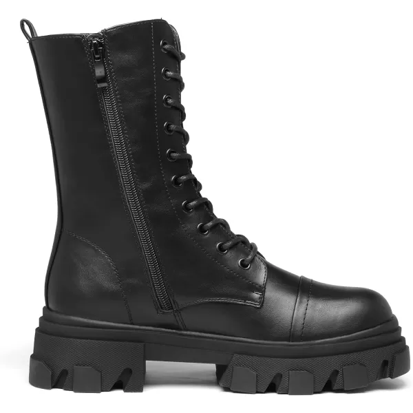 imageDREAM PAIRS Womens Combat Boots Lace up Mid Calf Boots Low Heel Chunky Platform Lug Sole BootsBlackPu