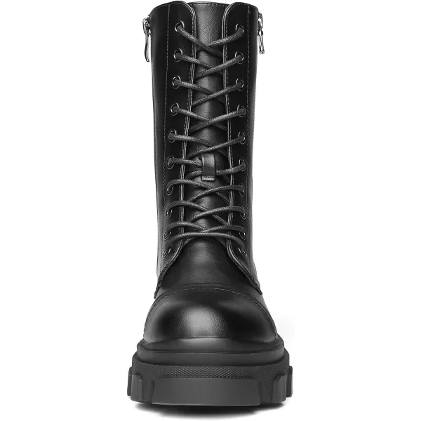 imageDREAM PAIRS Womens Combat Boots Lace up Mid Calf Boots Low Heel Chunky Platform Lug Sole BootsBlackPu
