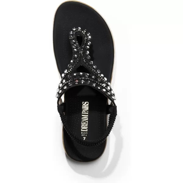 imageDREAM PAIRS Womens Comfortable Dressy Flat Sandals Rhinestone Elastic TStrap Thong Sandals for Summer BeachBlack