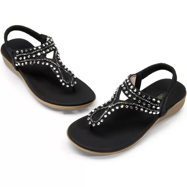 imageDREAM PAIRS Womens Comfortable Dressy Flat Sandals Rhinestone Elastic TStrap Thong Sandals for Summer BeachBlack