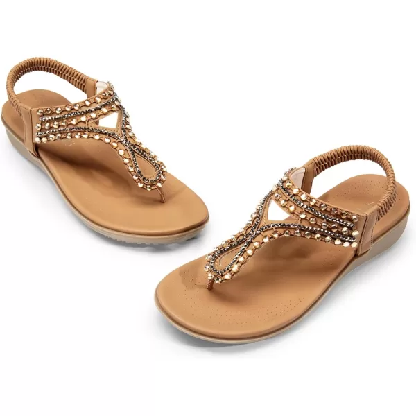 imageDREAM PAIRS Womens Comfortable Dressy Flat Sandals Rhinestone Elastic TStrap Thong Sandals for Summer BeachBrown