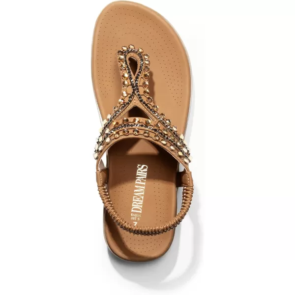 imageDREAM PAIRS Womens Comfortable Dressy Flat Sandals Rhinestone Elastic TStrap Thong Sandals for Summer BeachBrown
