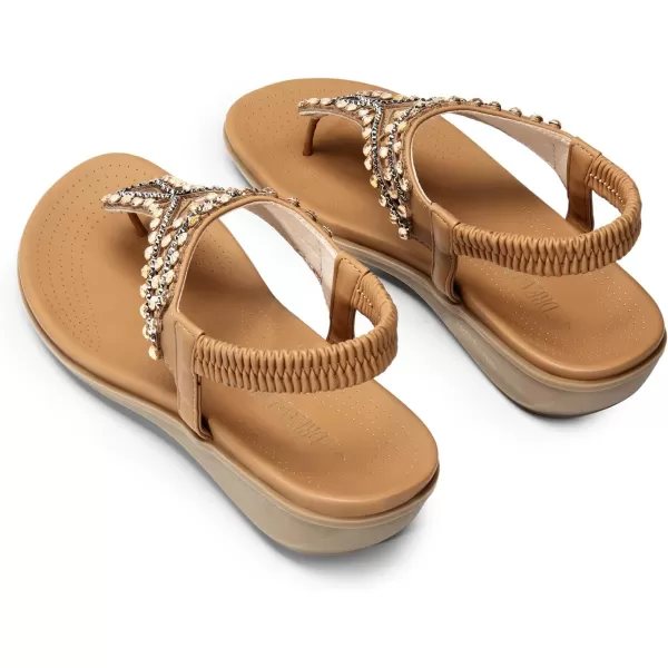 imageDREAM PAIRS Womens Comfortable Dressy Flat Sandals Rhinestone Elastic TStrap Thong Sandals for Summer BeachBrown