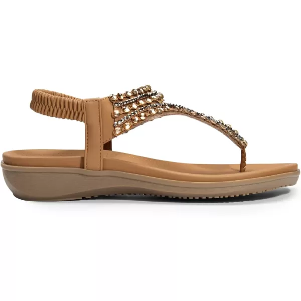 imageDREAM PAIRS Womens Comfortable Dressy Flat Sandals Rhinestone Elastic TStrap Thong Sandals for Summer BeachBrown
