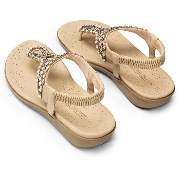 imageDREAM PAIRS Womens Comfortable Dressy Flat Sandals Rhinestone Elastic TStrap Thong Sandals for Summer BeachNude