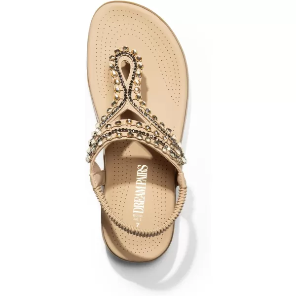 imageDREAM PAIRS Womens Comfortable Dressy Flat Sandals Rhinestone Elastic TStrap Thong Sandals for Summer BeachNude