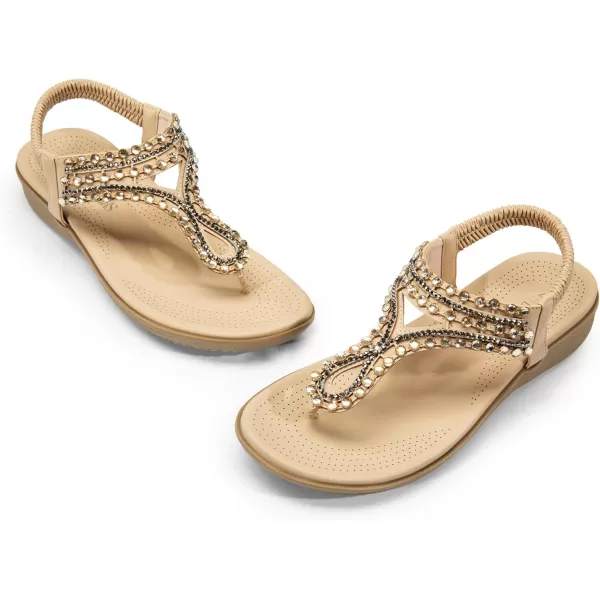 imageDREAM PAIRS Womens Comfortable Dressy Flat Sandals Rhinestone Elastic TStrap Thong Sandals for Summer BeachNude