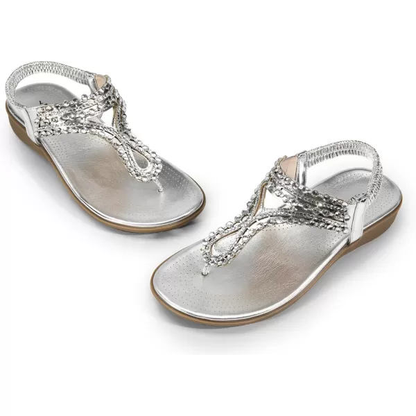 imageDREAM PAIRS Womens Comfortable Dressy Flat Sandals Rhinestone Elastic TStrap Thong Sandals for Summer BeachSilver