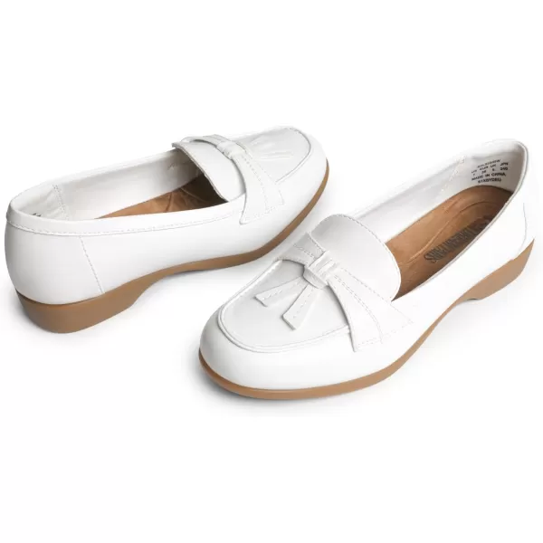 imageDREAM PAIRS Womens Comfortable Dressy Slipon Loafers Business Casual Work Shoes Office Faux Leather Arch Support Round Toe Flats Shoes with Tassel DecorationWhite