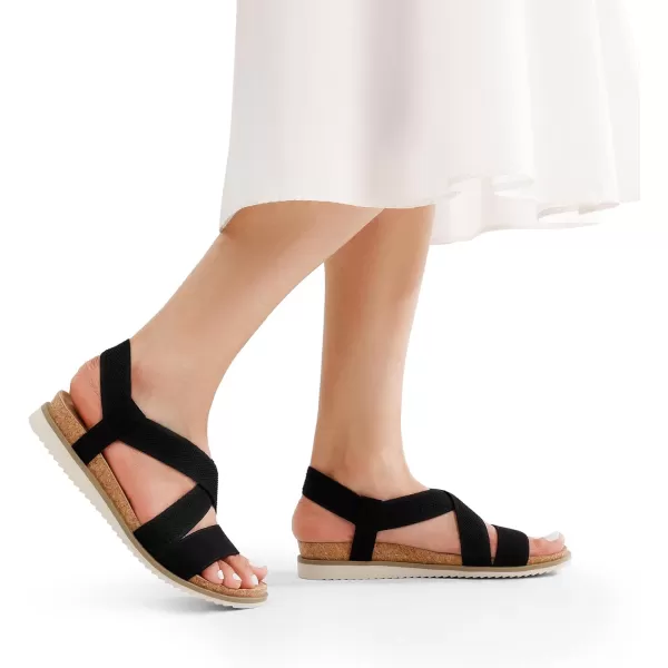 imageDREAM PAIRS Womens Comfortable Low Wedge Sandals Open Toe Slip On Strappy Flat Sandals with Elastic Ankle StrapBlacksuede