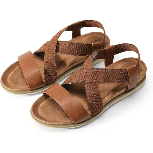 imageDREAM PAIRS Womens Comfortable Low Wedge Sandals Open Toe Slip On Strappy Flat Sandals with Elastic Ankle StrapBrownpu