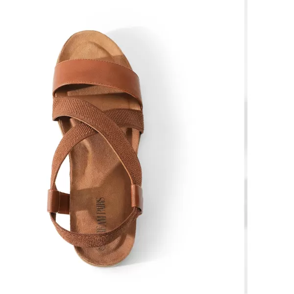 imageDREAM PAIRS Womens Comfortable Low Wedge Sandals Open Toe Slip On Strappy Flat Sandals with Elastic Ankle StrapBrownpu