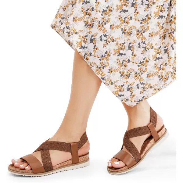 imageDREAM PAIRS Womens Comfortable Low Wedge Sandals Open Toe Slip On Strappy Flat Sandals with Elastic Ankle StrapBrownpu