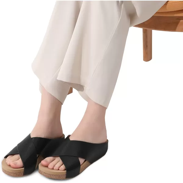 imageDREAM PAIRS Womens Cork Slide Sandals Slip on Open Toe Cute Platform Criss Cross Flat Sandals for SummerBlackPu