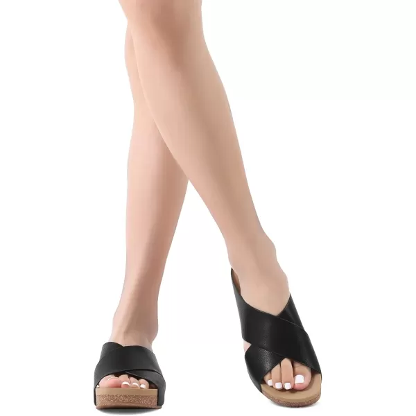 imageDREAM PAIRS Womens Cork Slide Sandals Slip on Open Toe Cute Platform Criss Cross Flat Sandals for SummerBlackPu