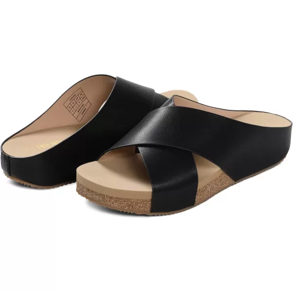 imageDREAM PAIRS Womens Cork Slide Sandals Slip on Open Toe Cute Platform Criss Cross Flat Sandals for SummerBlackPu