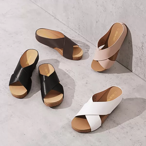 imageDREAM PAIRS Womens Cork Slide Sandals Slip on Open Toe Cute Platform Criss Cross Flat Sandals for SummerBrownPu