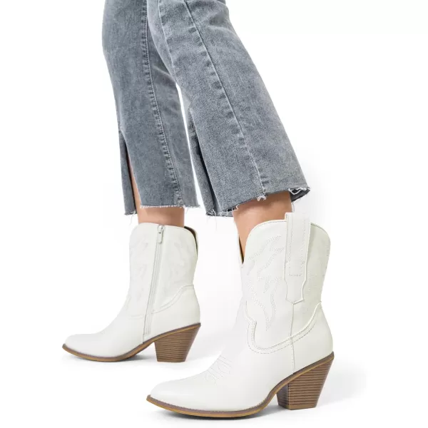 imageDREAM PAIRS Womens Cowboy Ankle Boots Western Fashion Cowgirl Mild Calf Boots Low Chunky Block Heel Pointed Toe Fall Booties ShoesWhiteembroidery