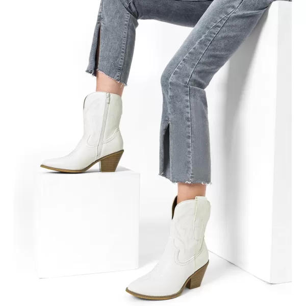 imageDREAM PAIRS Womens Cowboy Ankle Boots Western Fashion Cowgirl Mild Calf Boots Low Chunky Block Heel Pointed Toe Fall Booties ShoesWhiteembroidery
