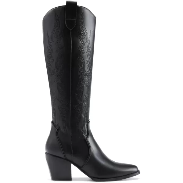 imageDREAM PAIRS Womens Cowboy Boots Comfortable Pull On Zipper Chunky Heel Pointed Toe Embroidered Western Cowgirl Knee High BootsBlackPu