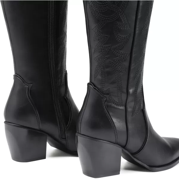 imageDREAM PAIRS Womens Cowboy Boots Comfortable Pull On Zipper Chunky Heel Pointed Toe Embroidered Western Cowgirl Knee High BootsBlackPu