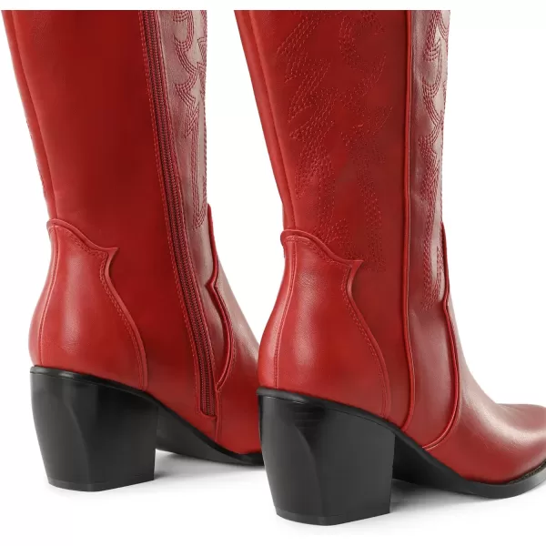 imageDREAM PAIRS Womens Cowboy Boots Comfortable Pull On Zipper Chunky Heel Pointed Toe Embroidered Western Cowgirl Knee High BootsRed