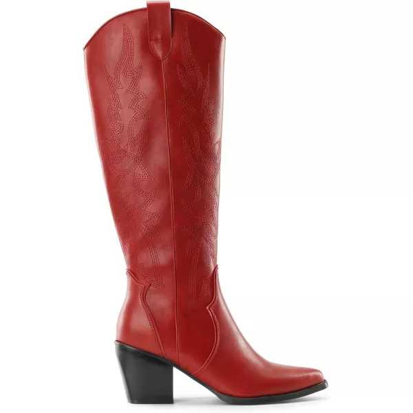 imageDREAM PAIRS Womens Cowboy Boots Comfortable Pull On Zipper Chunky Heel Pointed Toe Embroidered Western Cowgirl Knee High BootsRed
