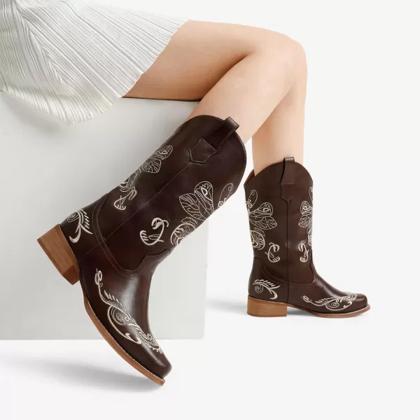 imageDREAM PAIRS Womens Cowboy Boots Mid Calf Cowgirl Boots Embroidery Stitched Square Toe Western BootsDark Brown