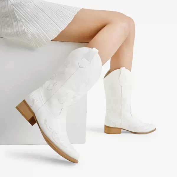 imageDREAM PAIRS Womens Cowboy Boots Mid Calf Cowgirl Boots Embroidery Stitched Square Toe Western BootsWhite