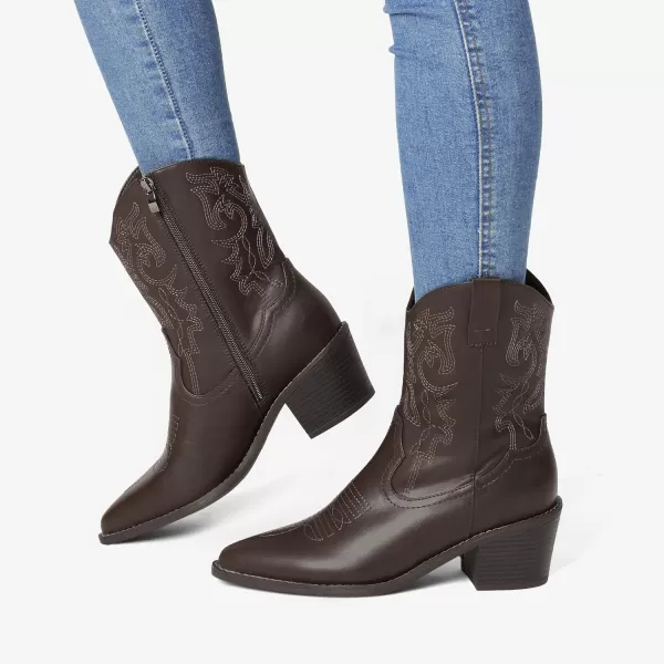imageDREAM PAIRS Womens Cowboy Boots Pointed Toe Chunky Heel Cowgirl Boots Zipper PullOn Stitched Western Boots Ankle Boots for LadiesDark Brown