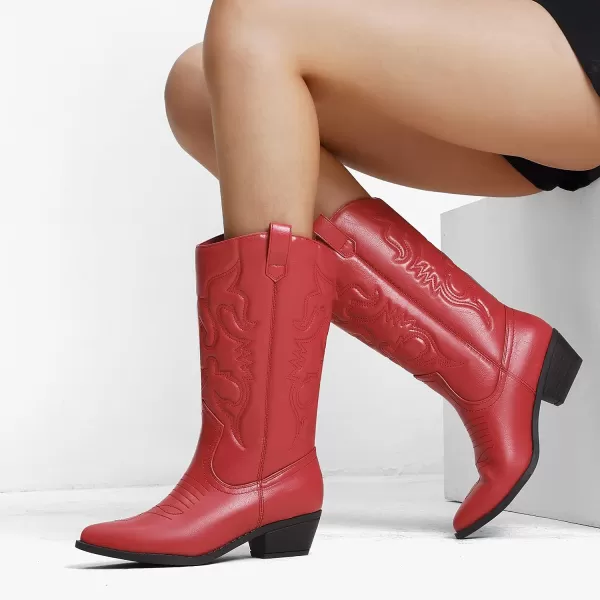 imageDREAM PAIRS Womens Cowboy Boots Pull On Cowgirl Boots Mid Calf Western BootsRed
