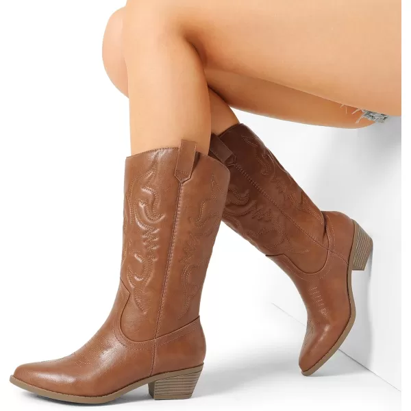 imageDREAM PAIRS Womens Cowboy Boots Pull On Cowgirl Boots Mid Calf Western BootsTan