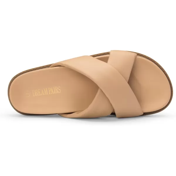 imageDREAM PAIRS Womens Crisscross Open Toe Slide Sandals Flat Comfort Slip on SandalsNude