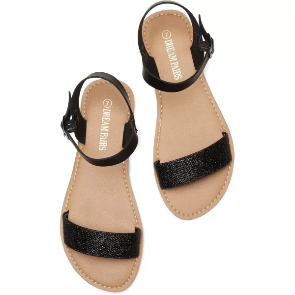imageDREAM PAIRS Womens Cute Open Toes One Band Ankle Strap Flexible Summer Flat SandalsBlackGlitternew
