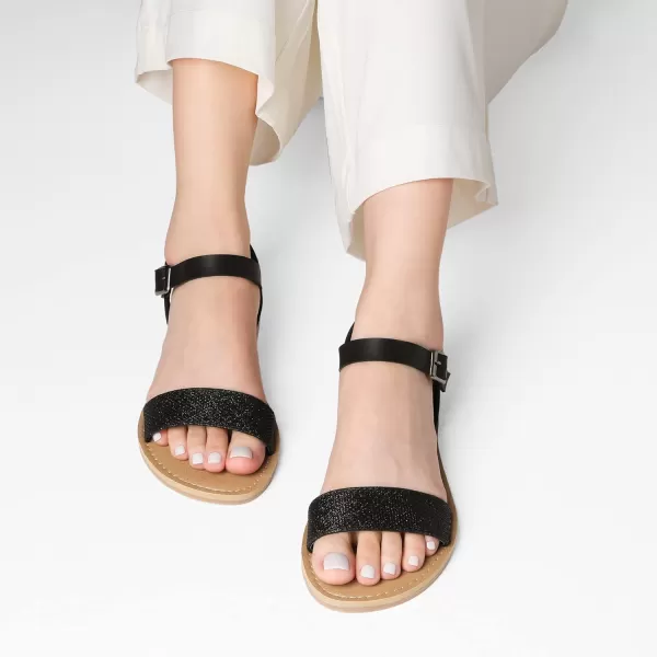 imageDREAM PAIRS Womens Cute Open Toes One Band Ankle Strap Flexible Summer Flat SandalsBlackGlitternew