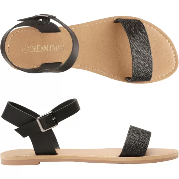 imageDREAM PAIRS Womens Cute Open Toes One Band Ankle Strap Flexible Summer Flat SandalsBlackGlitternew