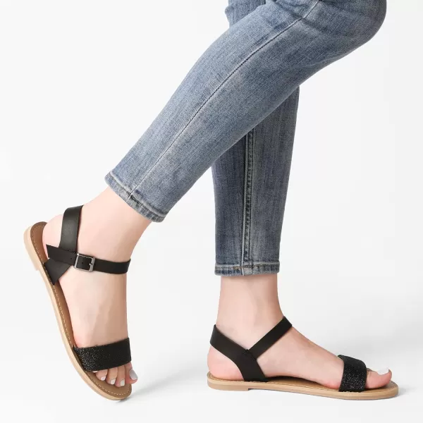 imageDREAM PAIRS Womens Cute Open Toes One Band Ankle Strap Flexible Summer Flat SandalsBlackGlitternew