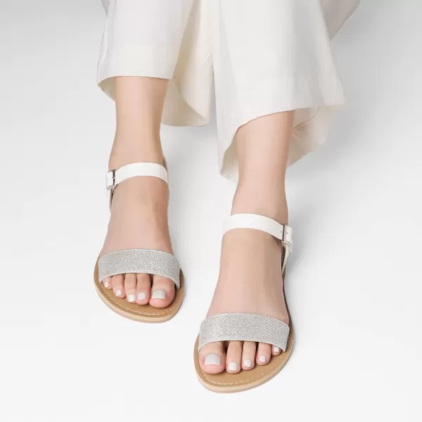 imageDREAM PAIRS Womens Cute Open Toes One Band Ankle Strap Flexible Summer Flat SandalsSilverWhiteGlitternew