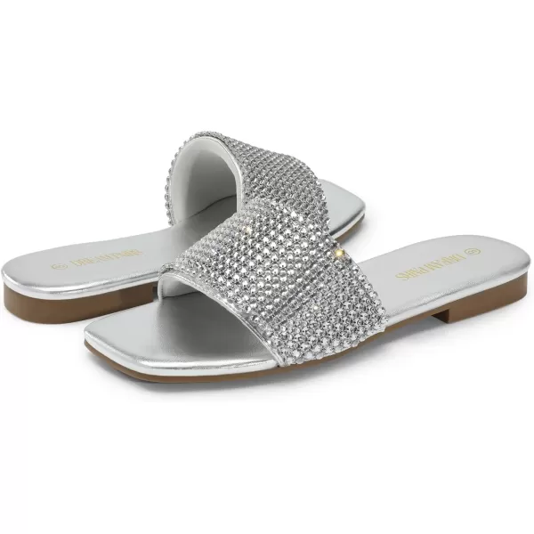 imageDREAM PAIRS Womens Cute Square Toe Summer Slip on Slides Rhinestone Open Toe Dressy Flat SandalsSilver