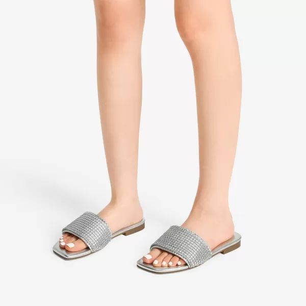imageDREAM PAIRS Womens Cute Square Toe Summer Slip on Slides Rhinestone Open Toe Dressy Flat SandalsSilver