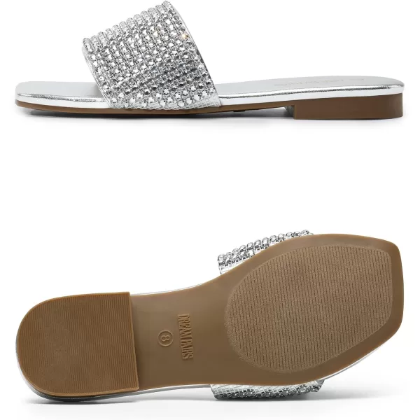 imageDREAM PAIRS Womens Cute Square Toe Summer Slip on Slides Rhinestone Open Toe Dressy Flat SandalsSilver
