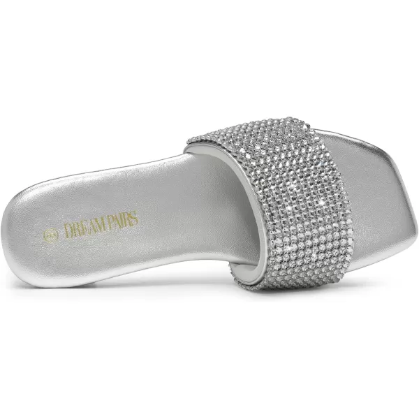 imageDREAM PAIRS Womens Cute Square Toe Summer Slip on Slides Rhinestone Open Toe Dressy Flat SandalsSilver