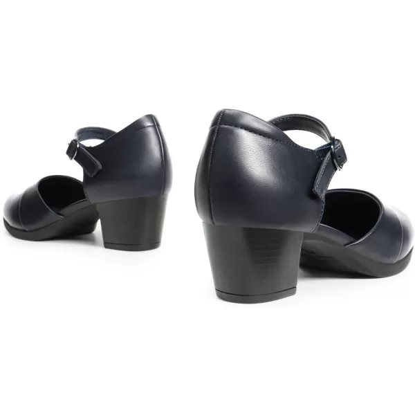 imageDREAM PAIRS Womens Dress Comfortable Low Block Heels Pumps Round Closed Toe Chunky Ankle Strap Shoes for WorkNavy