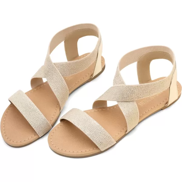 imageDREAM PAIRS Womens Elastic Ankle Strap Flat Sandals Summer Dressy Shoes Cute Strappy Gladiator SandalsGoldPu