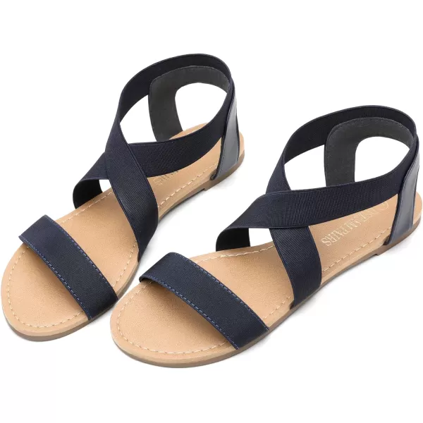 imageDREAM PAIRS Womens Elastic Ankle Strap Flat Sandals Summer Dressy Shoes Cute Strappy Gladiator SandalsNavy